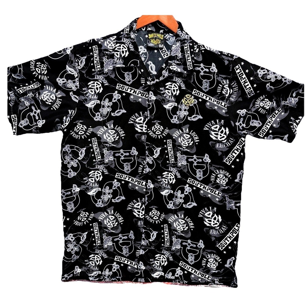 Southpole Viva La Lucha AOP Button Up Shirt‎ Mens M Black Lucha Libre Mask
